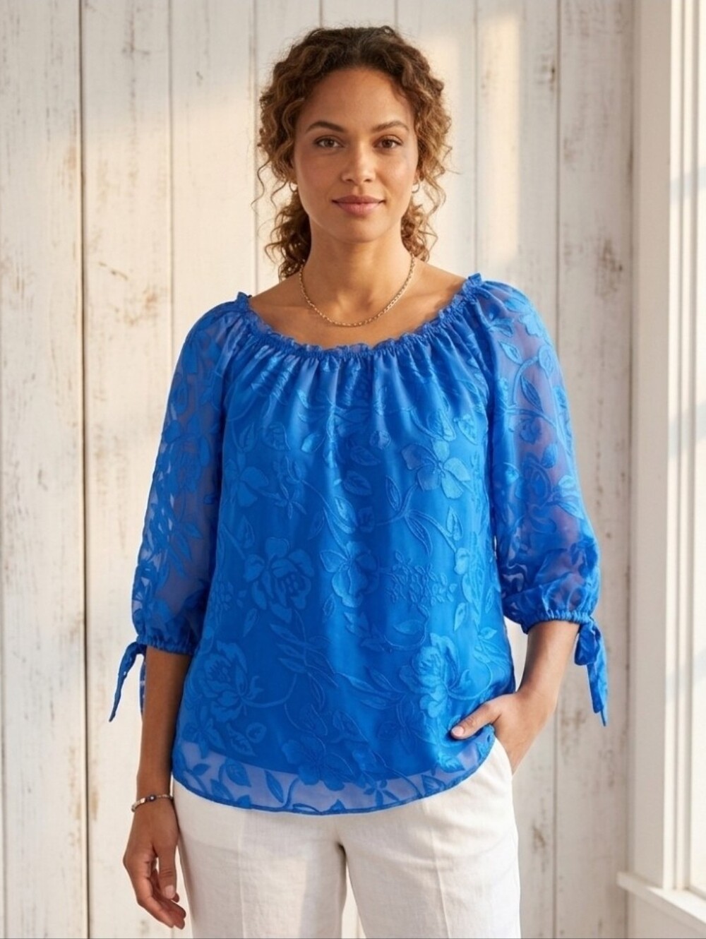 Colleen Lopez Blue Embossed Floral Blouse